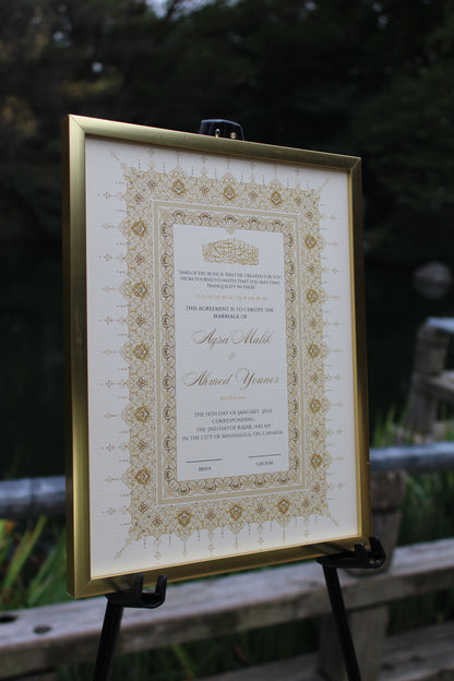 8.5x11” sized Nikah Certificate Arabian Gold colored side angled