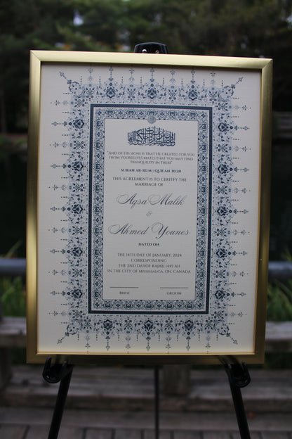 8.5x11" sized Nikah Certificate Egyptian Blue colored front angled.